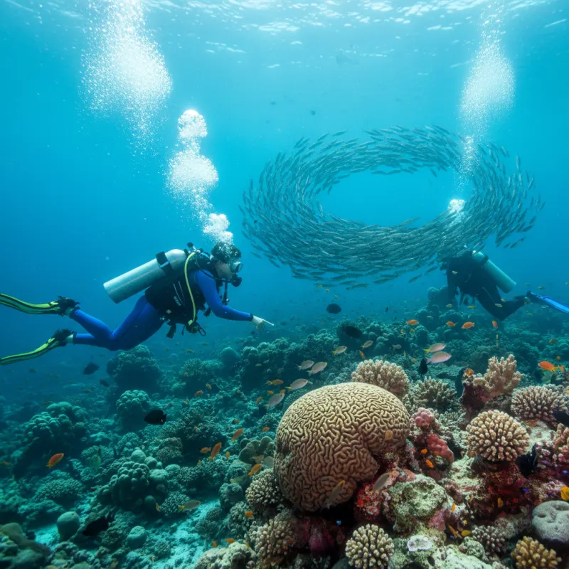Divers enjoying a safe diving experience underwater.
